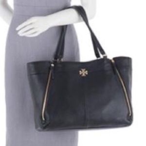 Tory Burch Ivy black pebbled leather large expandable zipper tote bag purse